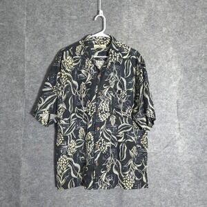 Tommy Bahama Silk Shirt Mens M Black Tropical Pineapple Camp Button Down Aloha